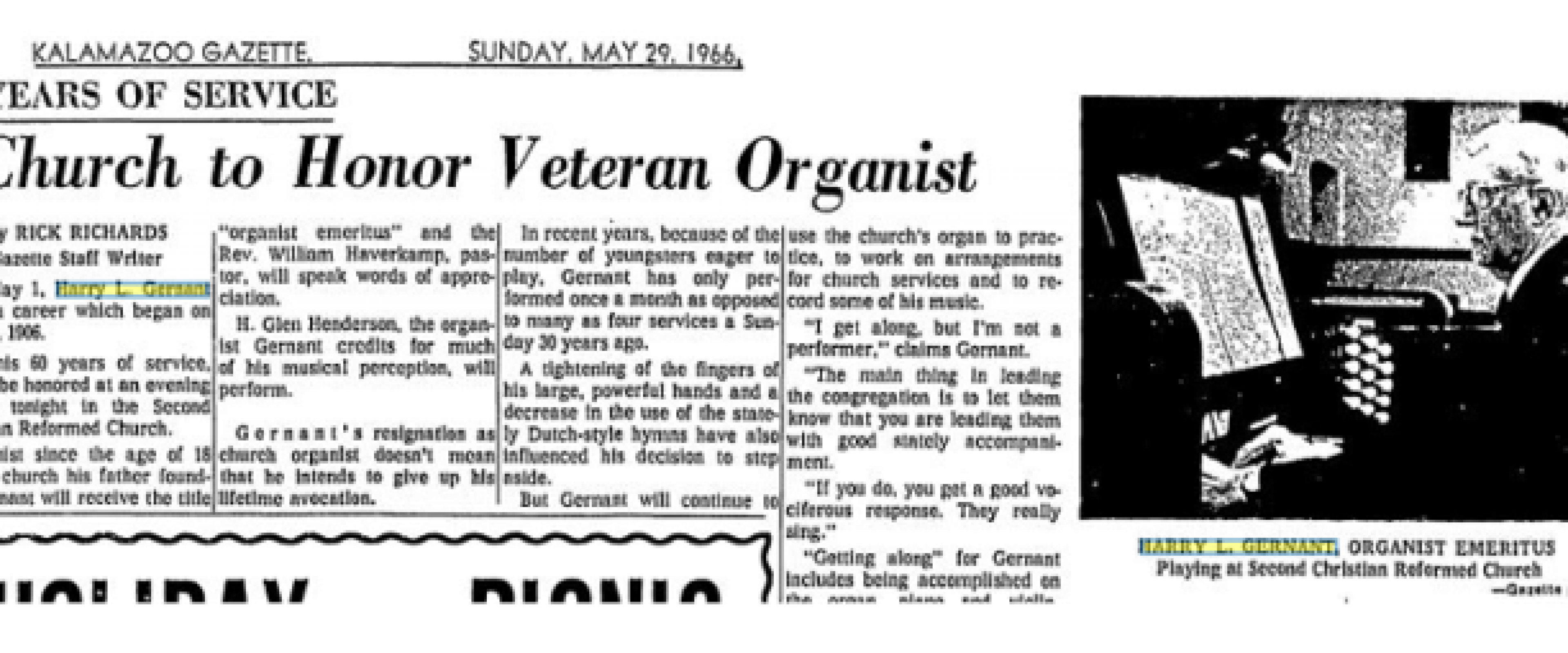 Kalamazoo Gazette article about Garnant titled "Church to Honor Veteran Organist."