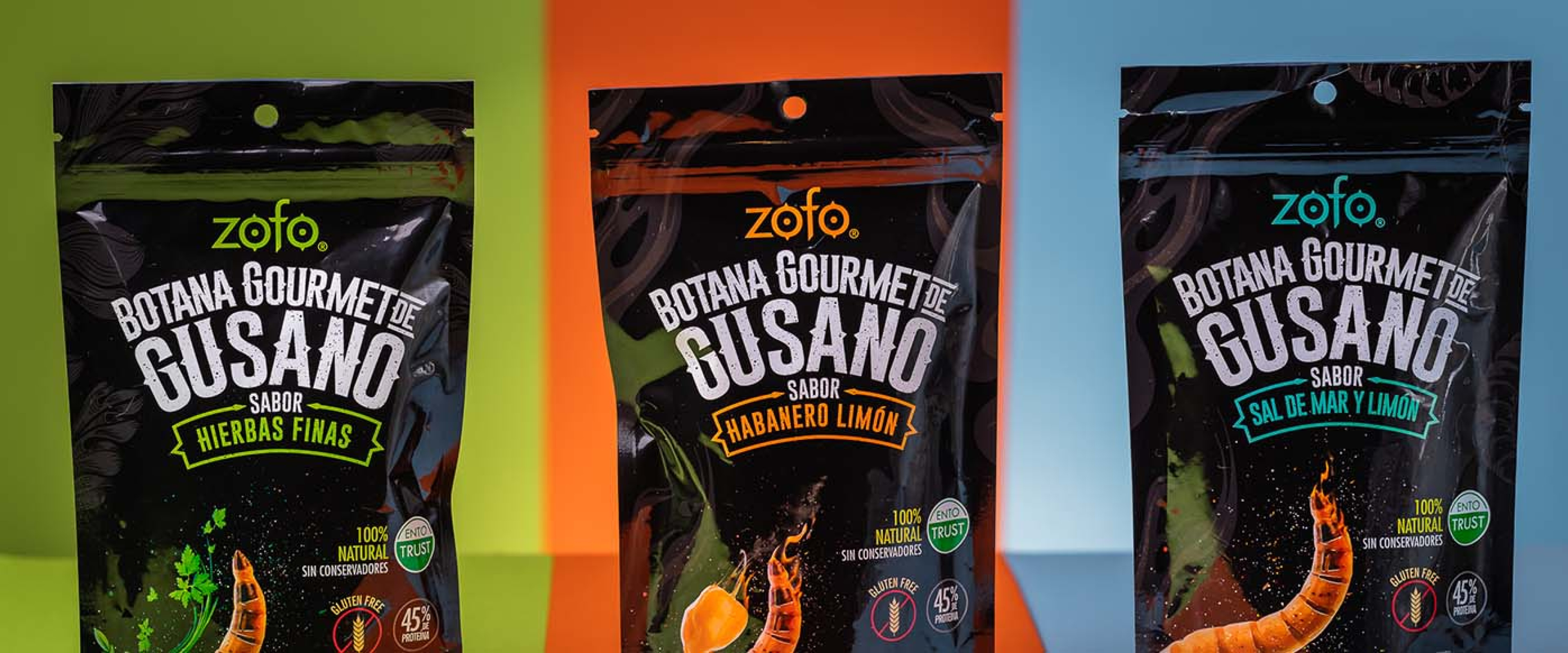 ZOFO, alternate protein snacks are displayed in three different flavors behind green, orange and blue backgrounds.