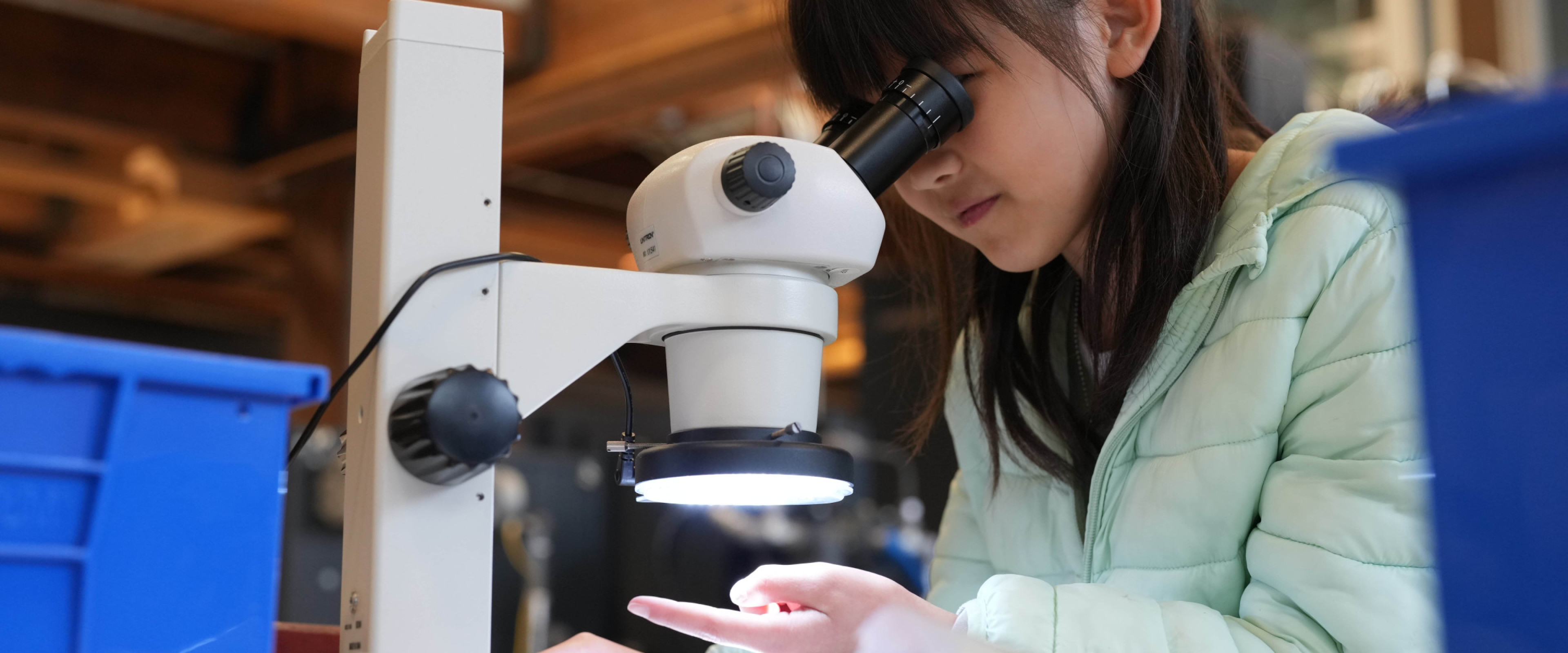 Young girl peering into the eyes of a microscope, examining her finger print.