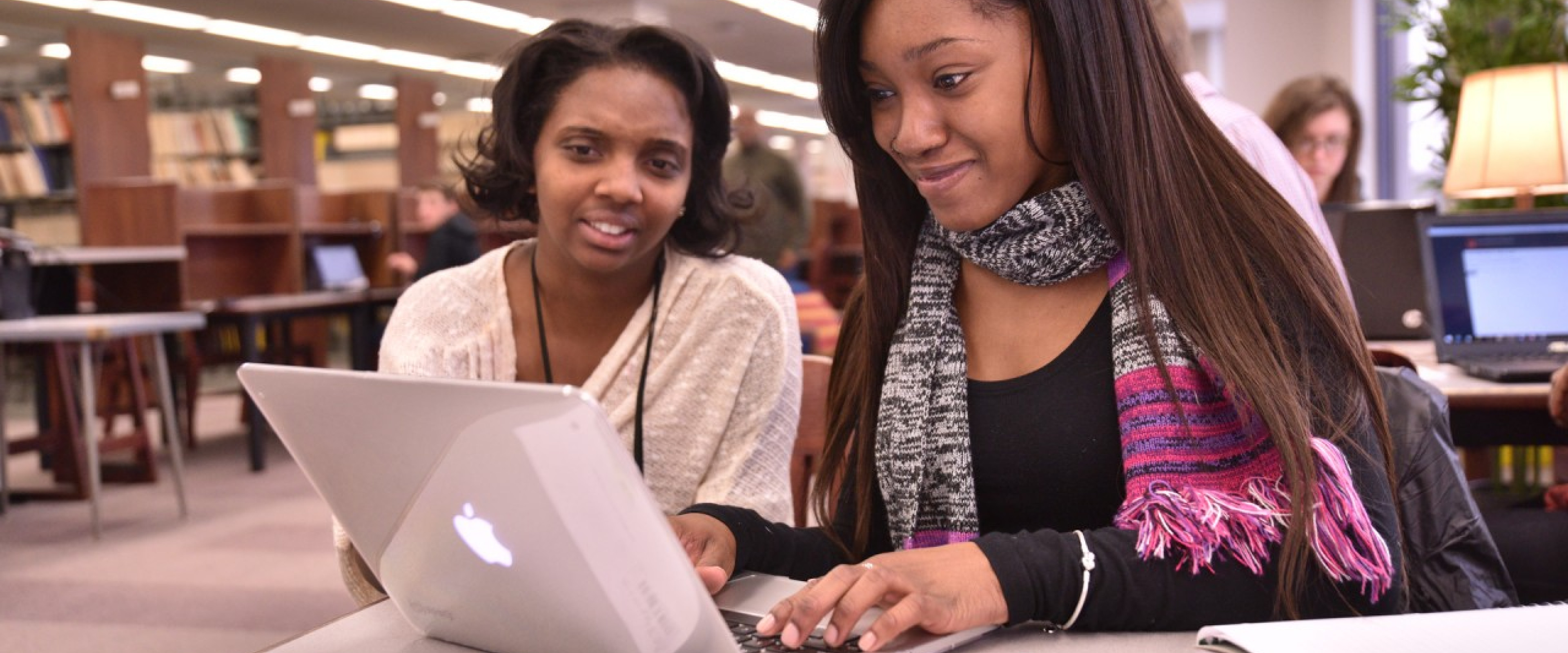 Two students work together on a laptop in Waldo Library