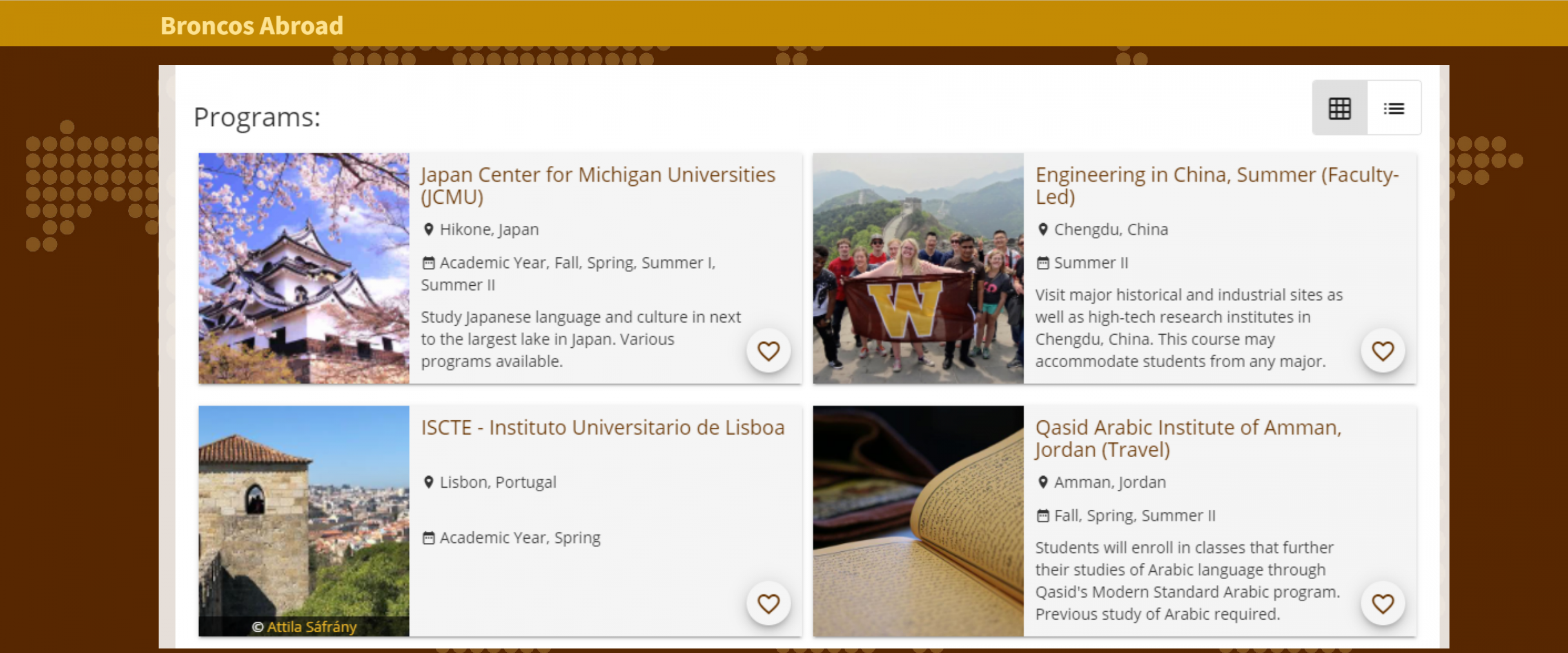 Screen shot of WMU Study Abroad program search engine: Broncos Abroad.