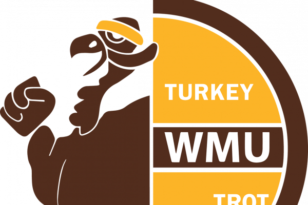 Turkey Trot logo, Turkey running with a headband and words, WMU Turkey Trot