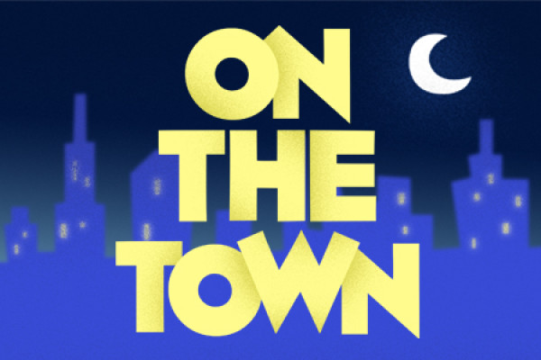 On The Town in text decorated with a cityscape in dark blue