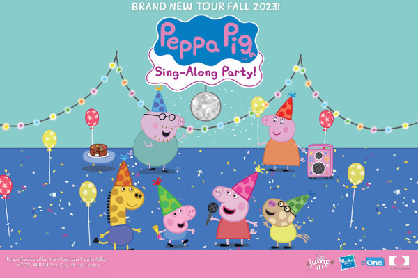 Peppa and friends with parents at birthday party with yellow and orange balloons