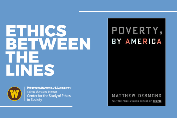 Ethics Between the Lines, cover of book and Ethics Center logo