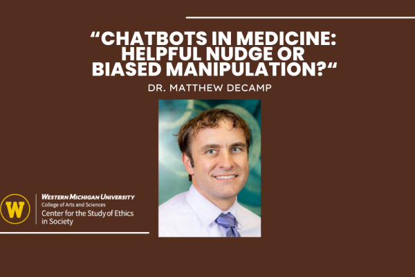 Photo of speaker with title of talk: Chatbots in Medicine: Helpful Nudge or Biased Manipulation