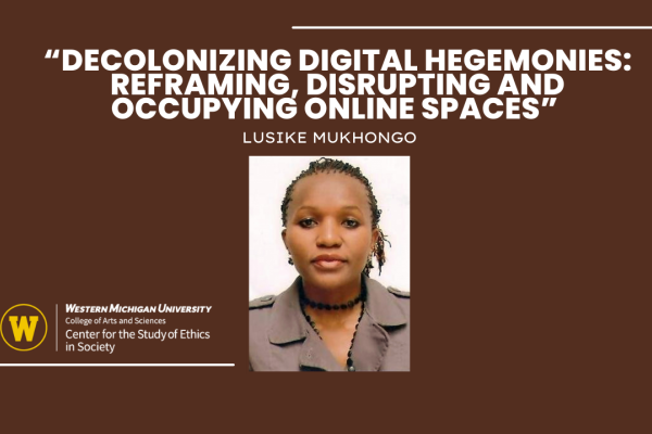 Photo of speaker with title of talk: Decolonizing Digital Hegemonies: Reframing, Disrupting and Occupying Online Spaces