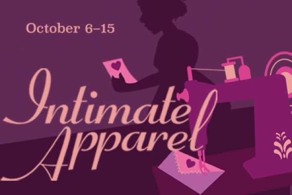 A purple back ground with the words Intimate Apparel in script letters featuring a sewing machine and a woman holding a love letter. 