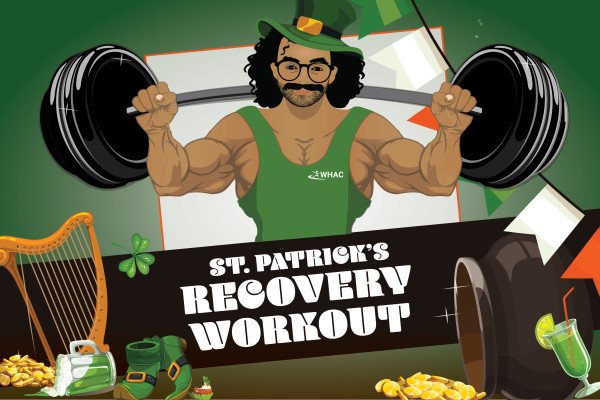 Caricature of Dre lifting weights in a St. Patricks Day hat and remnants of a St. Patty's party.