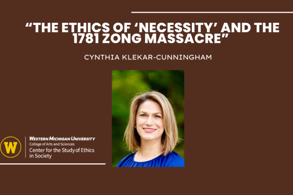 Photo of speaker with title of talk: The Ethics of ‘Necessity’ and the 1781 Zong Massacre