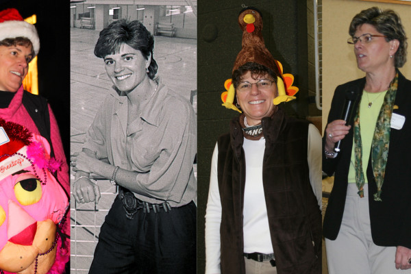 Images of Amy Seth, Wearing a Santa hat, the start of her career at the SRC, Amy wearing a Turkey hat at Turkey Trot, and dressed in business casual speaking with a microphone
