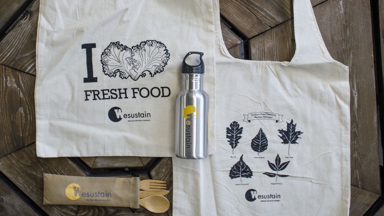 Photo shows EcoEssential items; two canvas tote bags, one EcoJug, and a set of bamboo utensils 