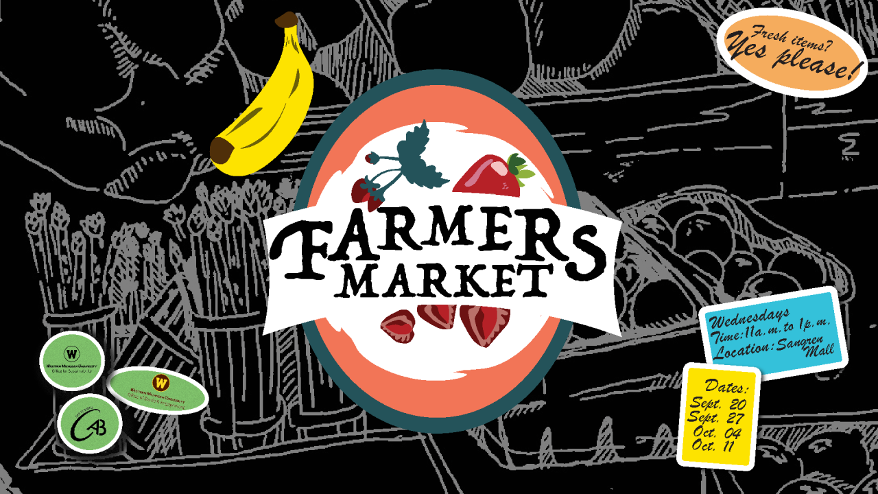 Text says, "Farmers Market" with a banana in the background, 