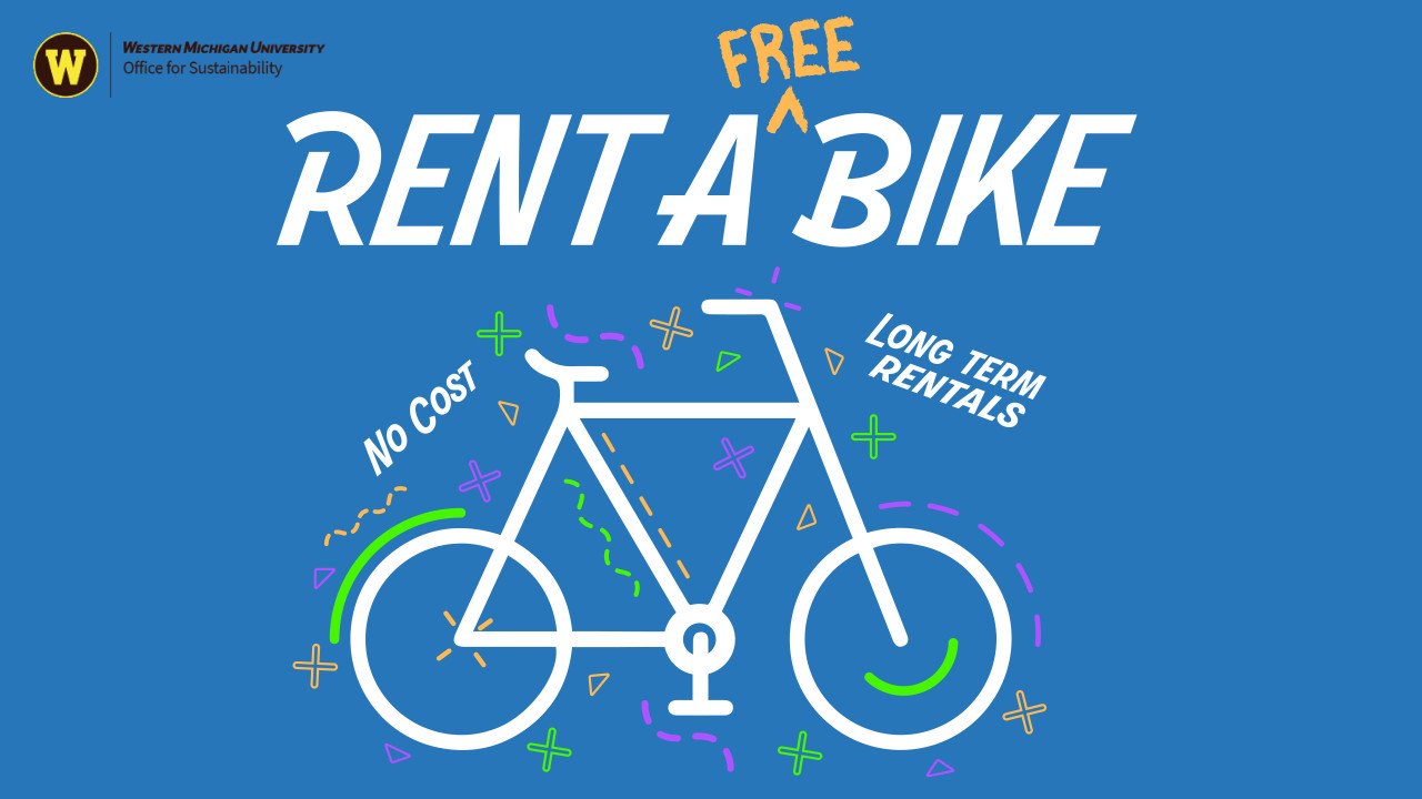Text says, Rent a Free Bike, No Cost, Long-Term Rentals, with Image of a white bike on blue background