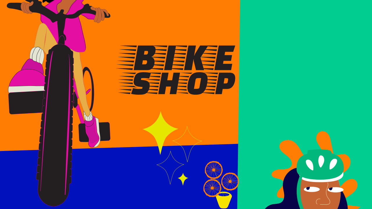text says, "Bike Shop" with image of person riding a bike 