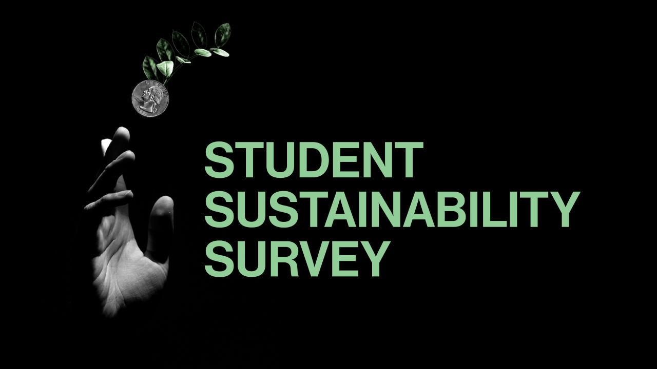 text says, "Student Sustainability Survey" with a black background and a hand reaching up for money and plants