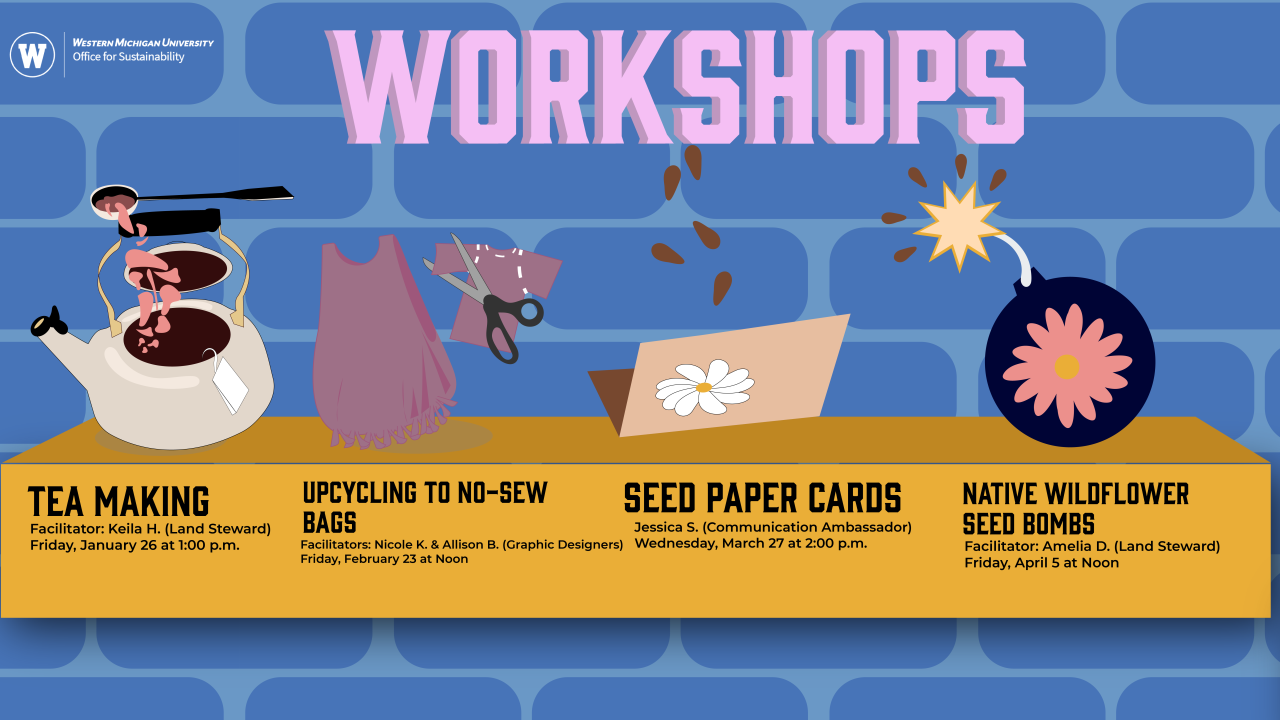 text says, "Workshops "Tea Making, Upcycling to No-Sew Bags, Seed Paper Cards, Native Wildflower Seed Bombs