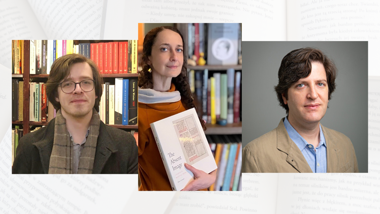 Portraits of the three 2023 Publication Prize winners: Michael Angerer, a man with glasses and brown hair; Elina Gertsman, a woman with curly brown hair holding a book called The Absent Image; and Henry Berlin, a man with brown hair in a tan suitcoat 