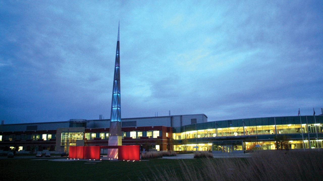 Nighttime photo of the college