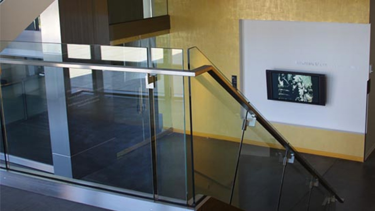 View of the Richmond Center's atrium from stairs.