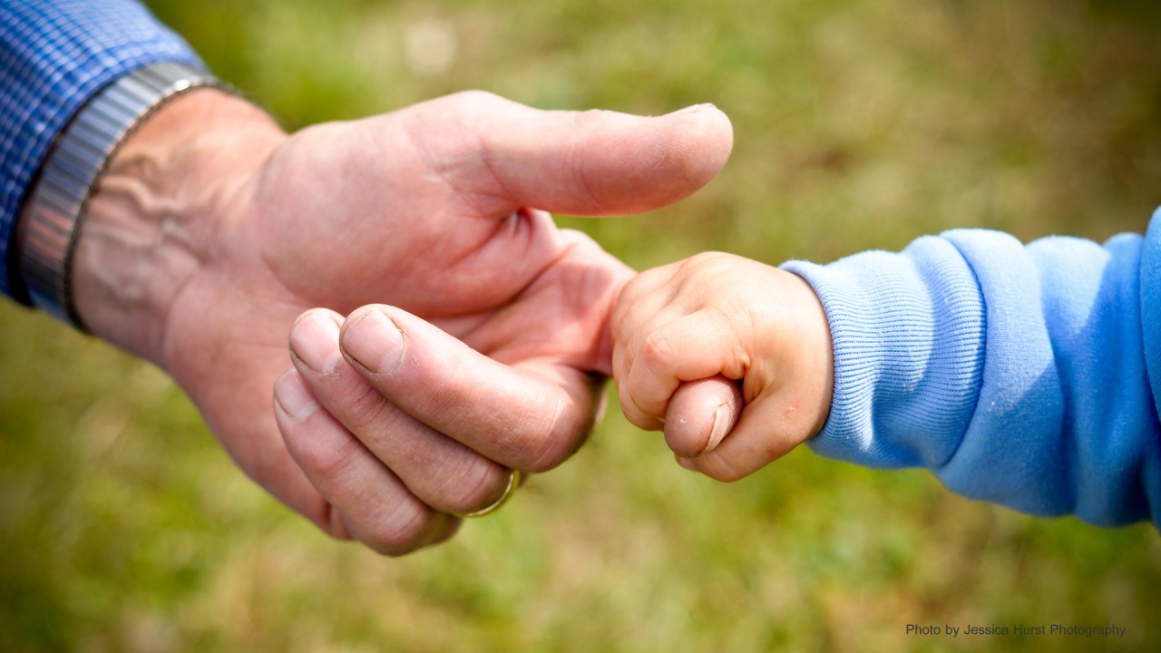 Closeup of a grandfather's and grandson holding hands.