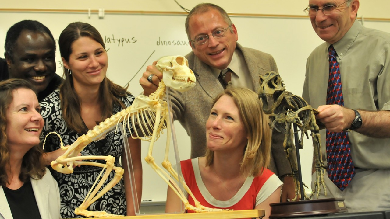 Students and faculty viewing skeleton