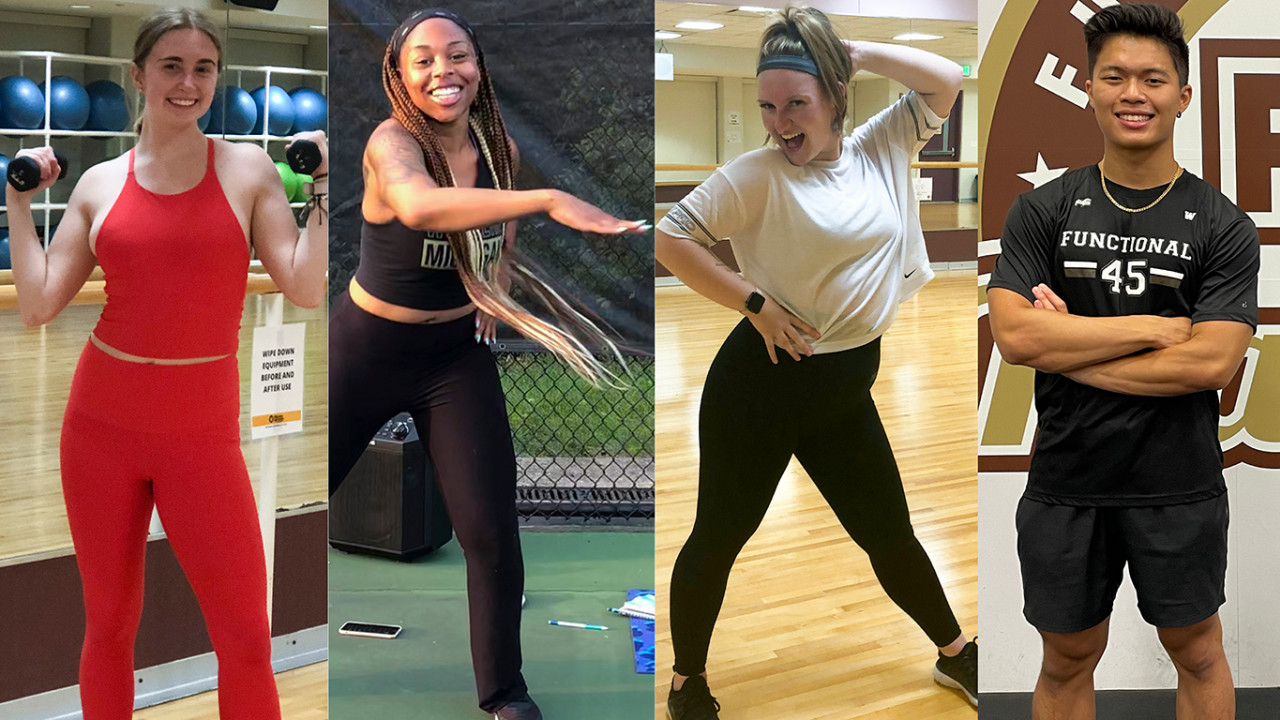 four diverse fitness instructors in various poses with weights, working out and in fitness clothes