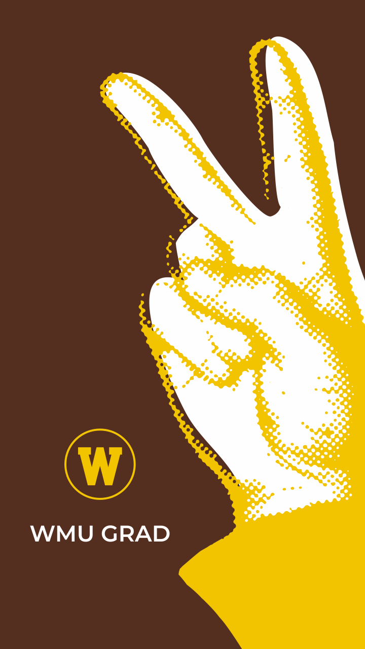 Brown and gold graphics with the WMU logo and a hand making a peace sign.
