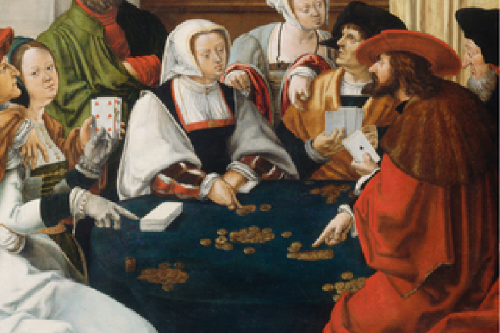 A sixteenth-century painting of a group of well-dressed men and women, seated around a table, playing cards and gambling with gold coins.