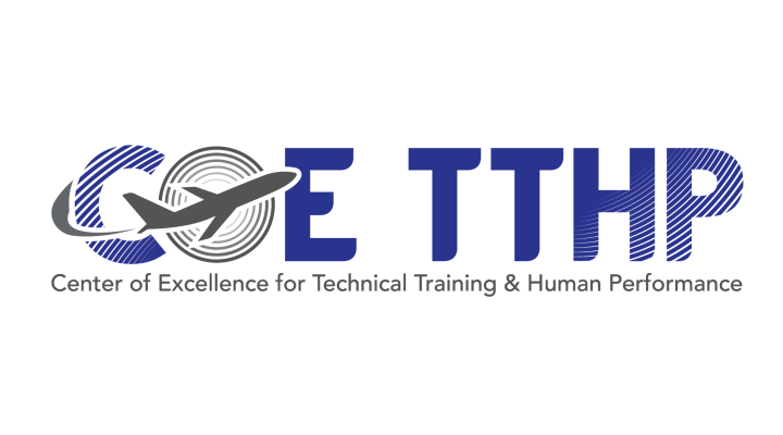 A graphic of a grey airplane with the letters COE TTHP behind it. "Center of Excellence for Technical Training & Human Performance" is written under the graphic in grey
