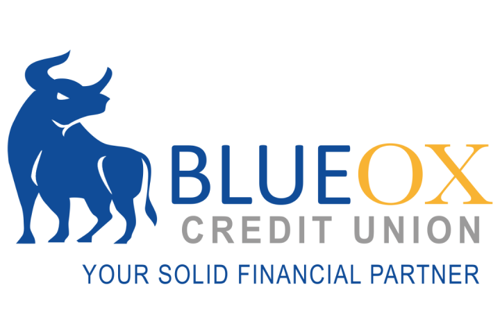 BlueOx Credit Union logo, an ox next to text in blue, gold, and grey.