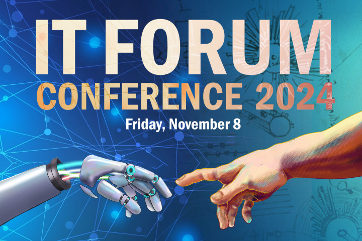Graphic art of robotic arm reaching for human arm, mimicking Michelangelo's Creation of Adam. Text: IT Forum Conference 2024. Friday, November 8.