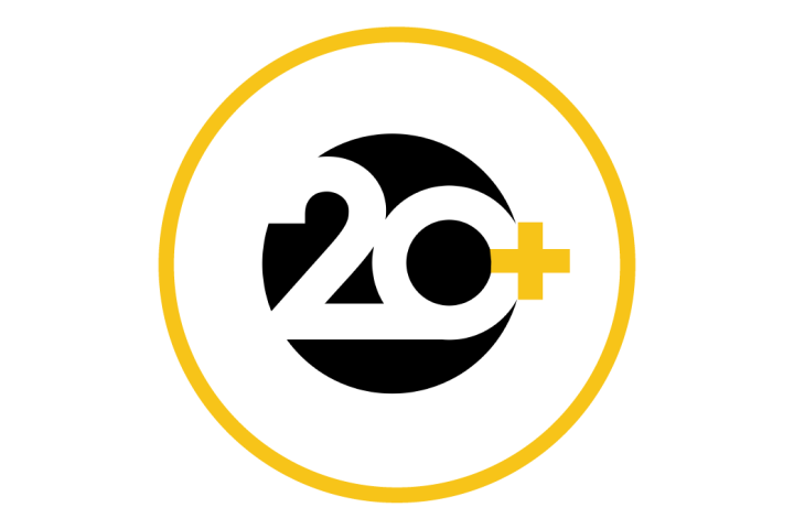The number 20 with a gold plus symbol.