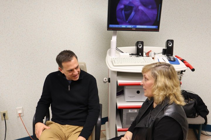 WMU speech therapist and professor Heidi Douglas-Vogley works with news anchor for WWMT-TV Channel 3 Andy Dominianni in the Unified Clinics at WMU. Andy’s diagnosis of Spasmodic Dysphonia is one of many disorders that receive treatment through the Voice, Swallowing, Respiration and Resonance Clinical Laboratory.