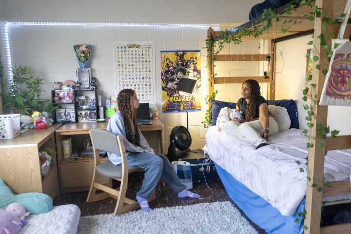 Living on campus, two students in their decorated room, cute and cozy.