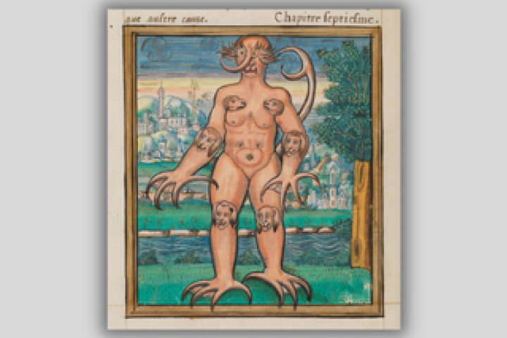 The "Monster of Cracow": a humanoid figure with pointed, webbed fingers; a long, curved nose; giant eyebrows; a tail; and animal heads at the knees, elbows, and armpits.