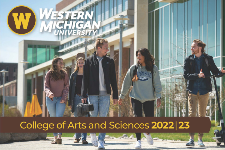 students walking around campus with Sangren Hall in background. Western Michigan University; College of Arts and Sciences 2022|23
