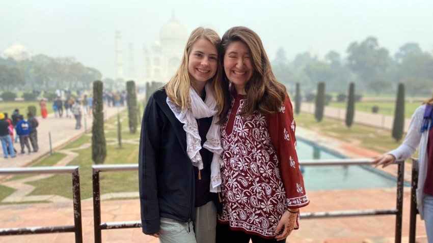 Students in front of temple in India