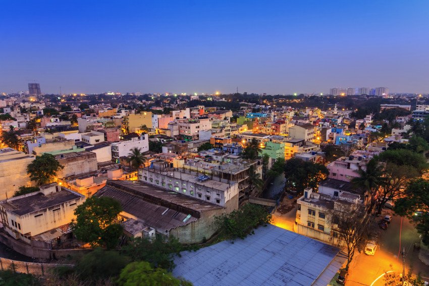 Pictured is Bangalore, India city skyline at dusk