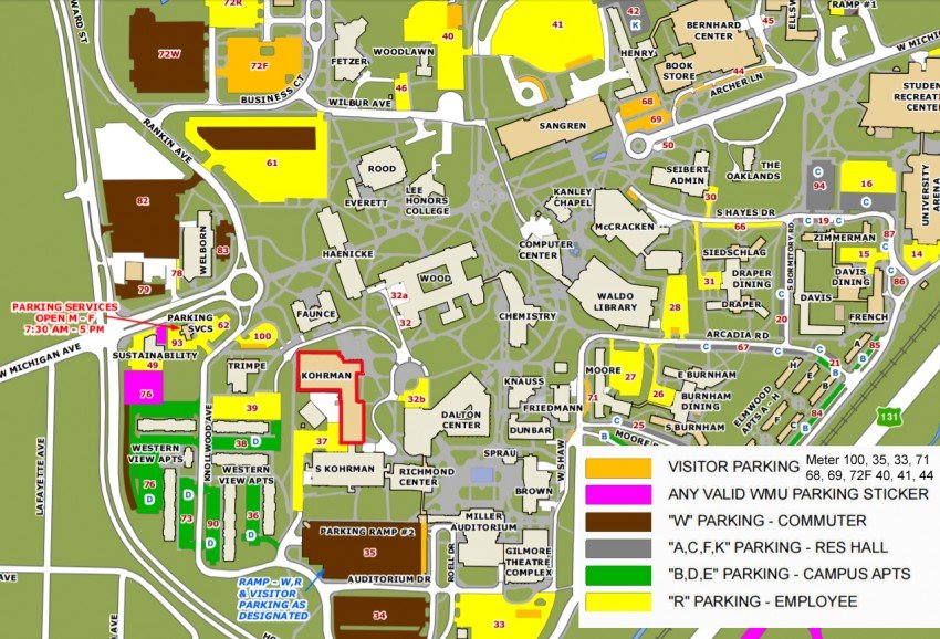 Map of campus highlighting Kohrman Hall