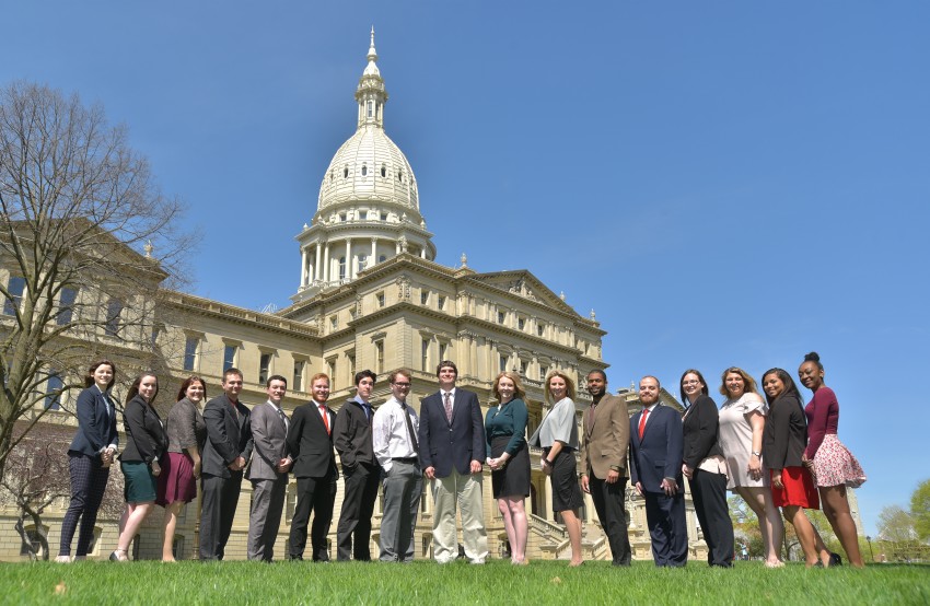 Students in the Capital Intern Program at WMU gathered on the steps of the Michigan State Capitol Building in Lansing.