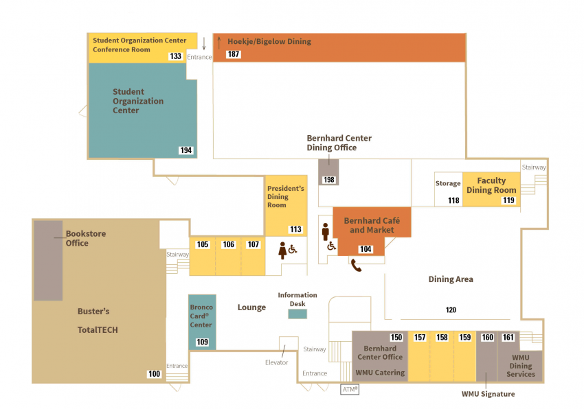 Map of main level that depicts the location of the businesses listed below.