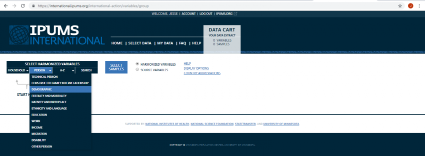 Screenshot of IPUMS International website that displays dropdown menu options for selecting variables.