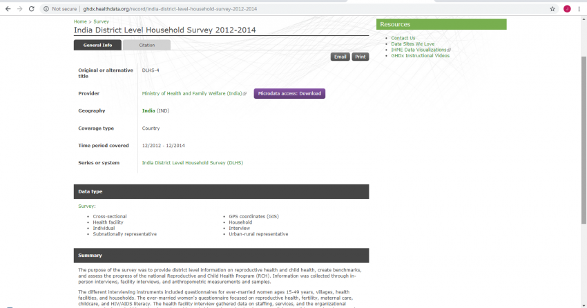 Screenshot of the general information page for the India District Level Household Survey 2012-2014. Under the tab General Info, there contains information on the survey that is listed, from top to bottom, Original or alternative title, Provider, Geography, Coverage type, Time period covered and series or system. Provider, geography and series or system has the stated information as a link. Next to the provider information is a purple button that contains a link labelled Microdata access: Download.