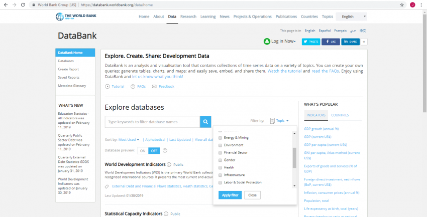 Screenshot of the Databank main page where there is a search bar below where it says Explore databases. There is also a Filter by Topic option to the right of the search bar. Selecting Topic will produce a drop-down menu that lists various topics.