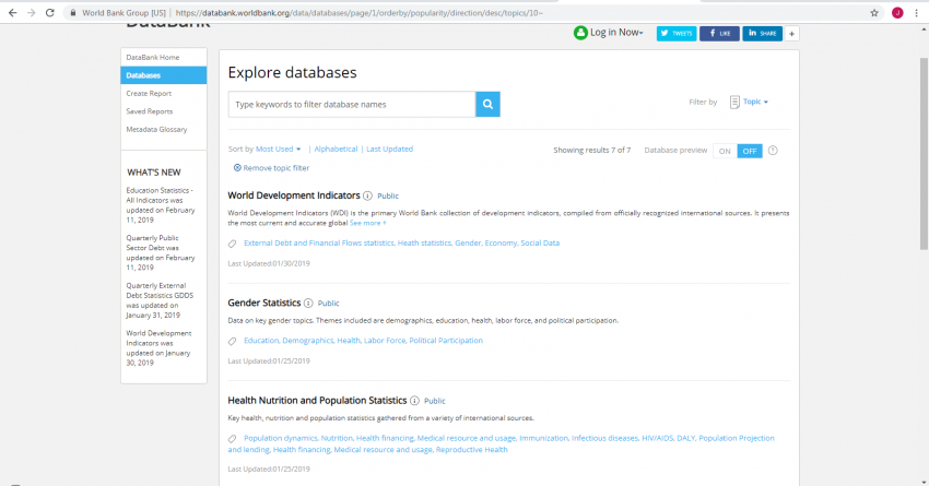 Screenshot of results from filtering by Health topic. The third result at the bottom of the page says Health Nutrition and Population Statistics.