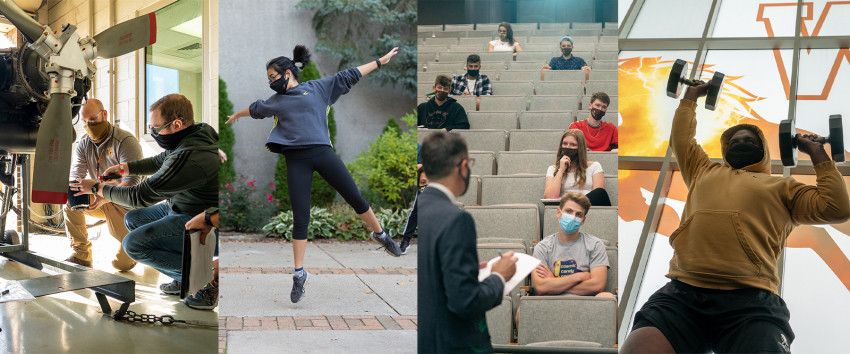 A collage of students wearing masks on campus.