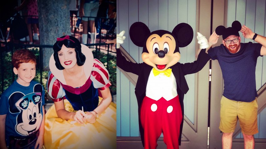 A photo of a young David Alpert at Disneyland with Snow White next to a photo of an adult David Alpert with Mickey Mouse.