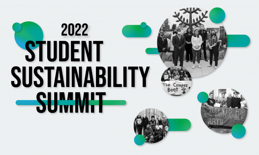 Text says, "2022 Student Sustainability Summit." There are four images of different student groups on campus.