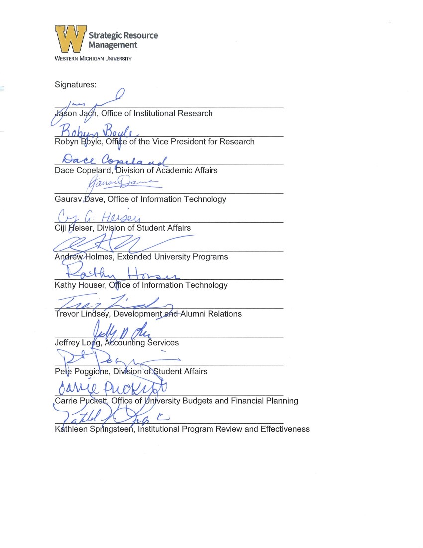 This is an image containing the signatures of the Infrastructure work group: Jason Jach, Robyn Boyle, Dace Copeland, Gaurav Dave, Ciji Heiser, Andrew Holmes, Kathy Houser, Trevor Lindsey, Jeffrey Long, Pete Poggione, Carrie Puckett and Kathleen Springsteen.